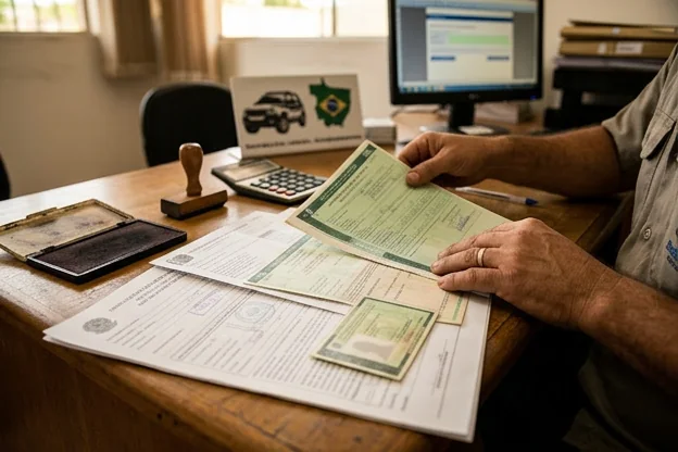 Documentos organizados em uma mesa, prontos para emplacar veículo.