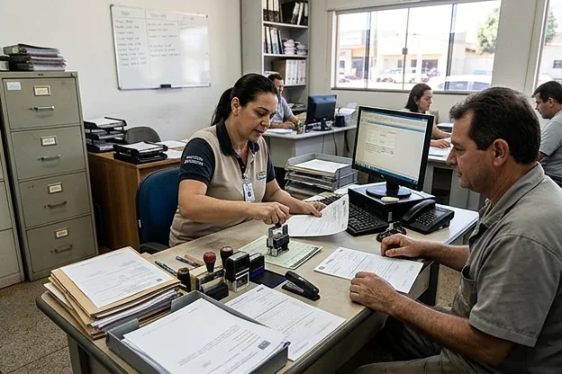 Profissional de despachante ajudando um cliente com documentação.